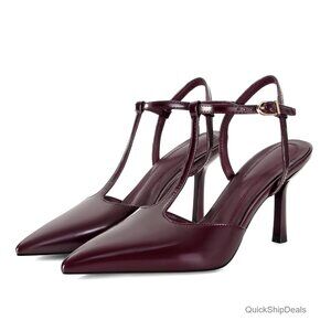 Black Kitten Heels Pointed Toe Ankle Strap Pumps Vegan Leather 3.14 Inch